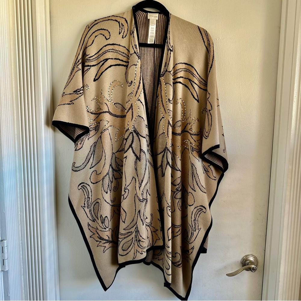 RARE Chico's Open Front Stunning Black Tan Gold Floral Poncho Cape Shawl